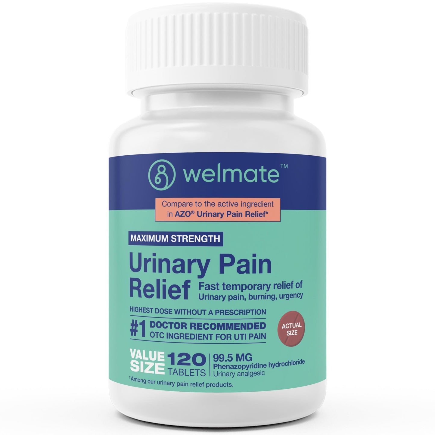 WELMATE Urinary Pain UTI Relief Maximum Strength (Phenazopyridine HCL) - Improve Urinary Tract Health & Bladder Control, Urgency, & Discomfort | Over-The-Counter Medication for Men & Women (120 Pills) - dailyvitalstore