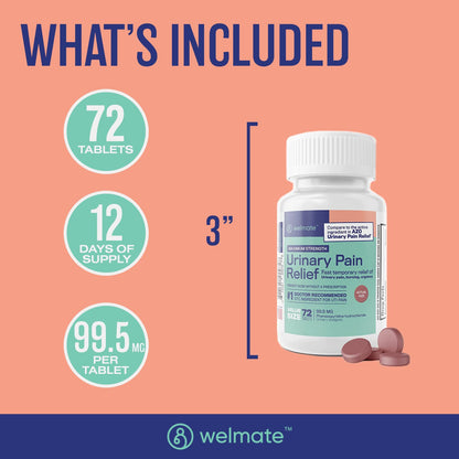 WELMATE Urinary Pain UTI Relief Maximum Strength (Phenazopyridine HCL) - Improve Urinary Tract Health & Bladder Control, Urgency, & Discomfort | Over-The-Counter Medication for Men & Women (72 Pills) - dailyvitalstore
