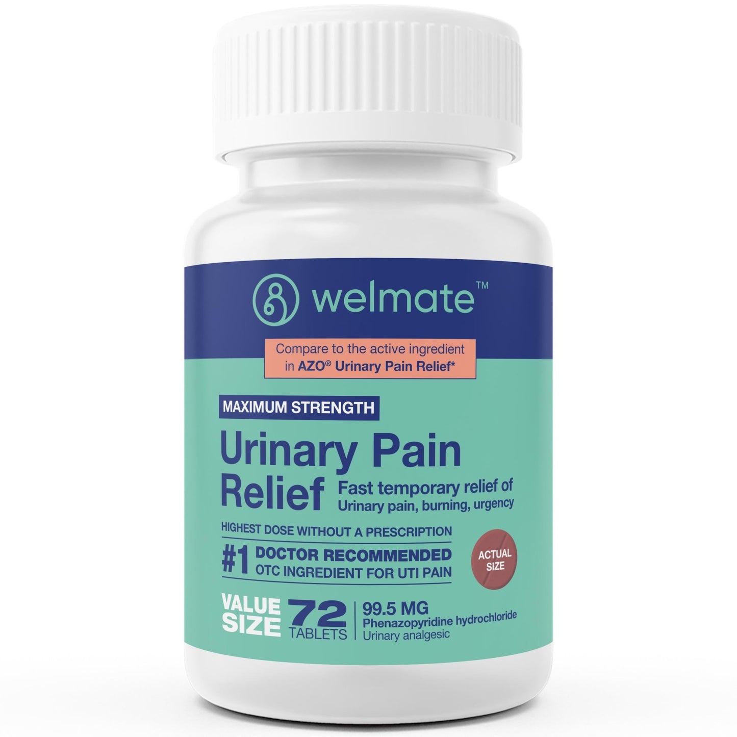 WELMATE Urinary Pain UTI Relief Maximum Strength (Phenazopyridine HCL) - Improve Urinary Tract Health & Bladder Control, Urgency, & Discomfort | Over-The-Counter Medication for Men & Women (72 Pills) - dailyvitalstore