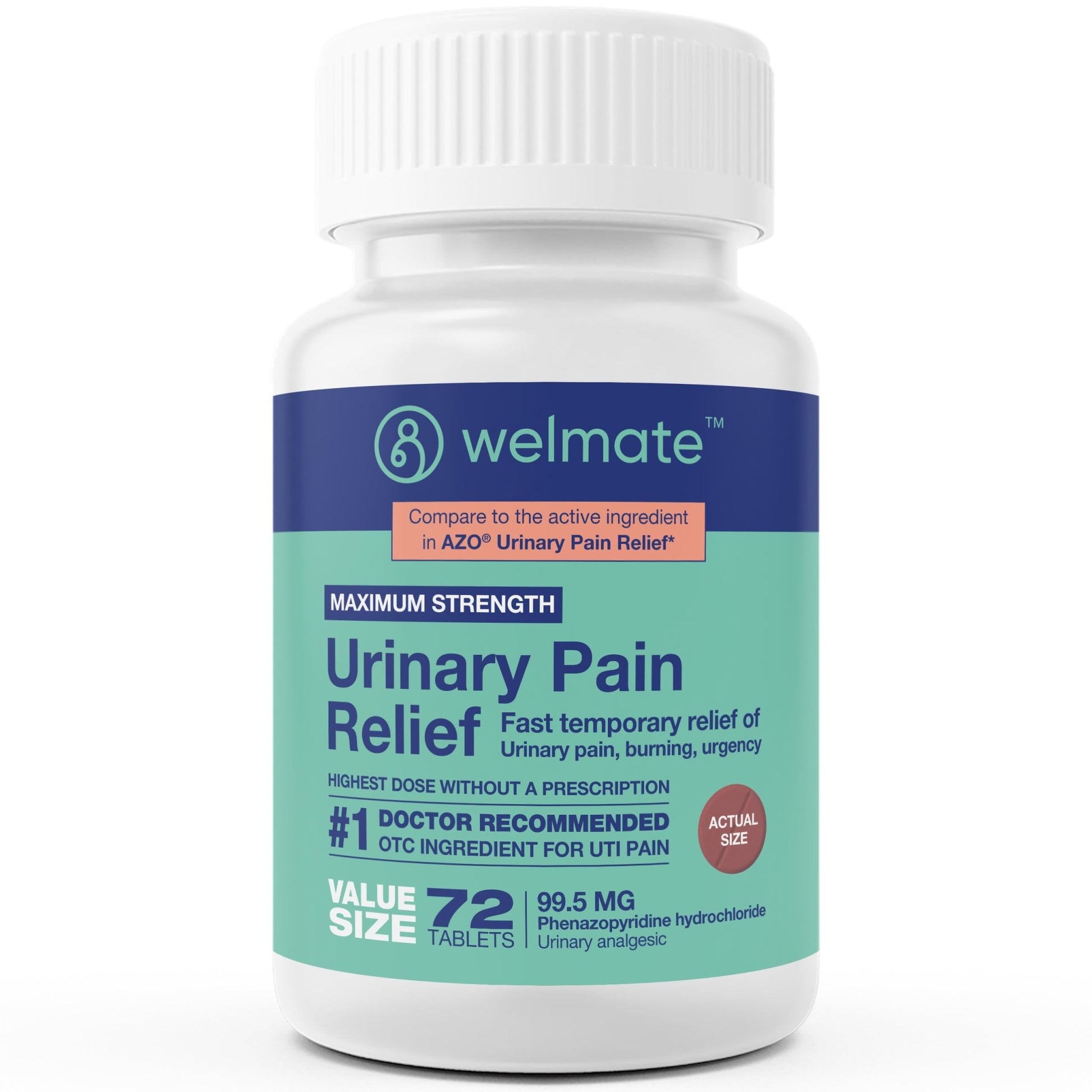 WELMATE Urinary Pain UTI Relief Maximum Strength (Phenazopyridine HCL) - Improve Urinary Tract Health & Bladder Control, Urgency, & Discomfort | Over-The-Counter Medication for Men & Women (72 Pills) - dailyvitalstore