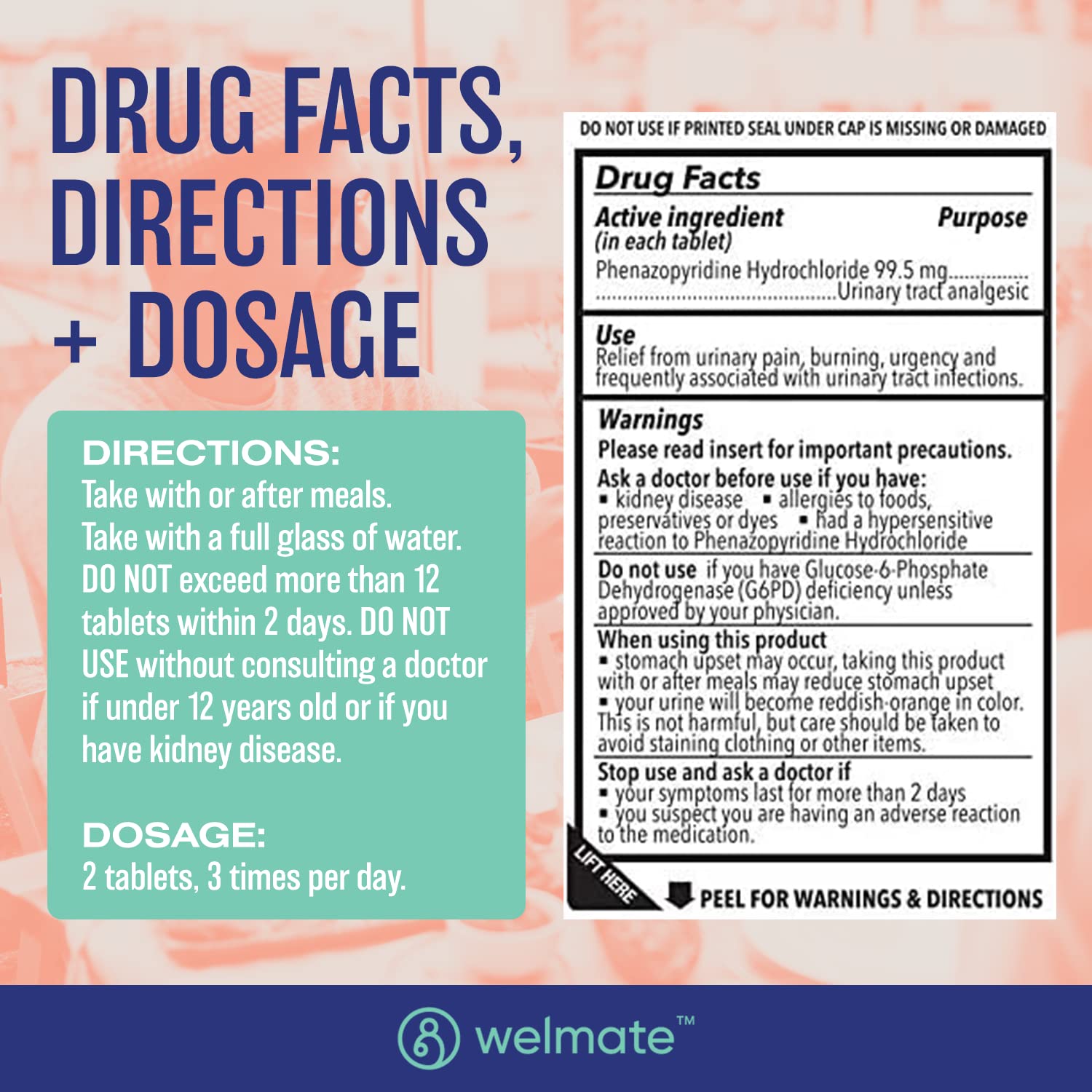 WELMATE Urinary Pain UTI Relief Maximum Strength (Phenazopyridine HCL) - Improve Urinary Tract Health & Bladder Control, Urgency, & Discomfort | Over-The-Counter Medication for Men & Women (72 Pills) - dailyvitalstore