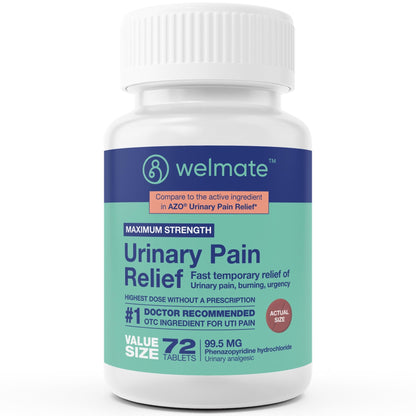 WELMATE Urinary Pain UTI Relief Maximum Strength (Phenazopyridine HCL) - Improve Urinary Tract Health & Bladder Control, Urgency, & Discomfort | Over-The-Counter Medication for Men & Women (72 Pills) - dailyvitalstore