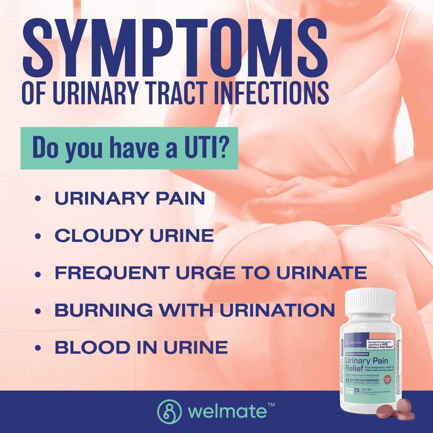 WELMATE Urinary Pain UTI Relief Maximum Strength (Phenazopyridine HCL) - Improve Urinary Tract Health & Bladder Control, Urgency, & Discomfort | Over-The-Counter Medication for Men & Women (72 Pills) - dailyvitalstore