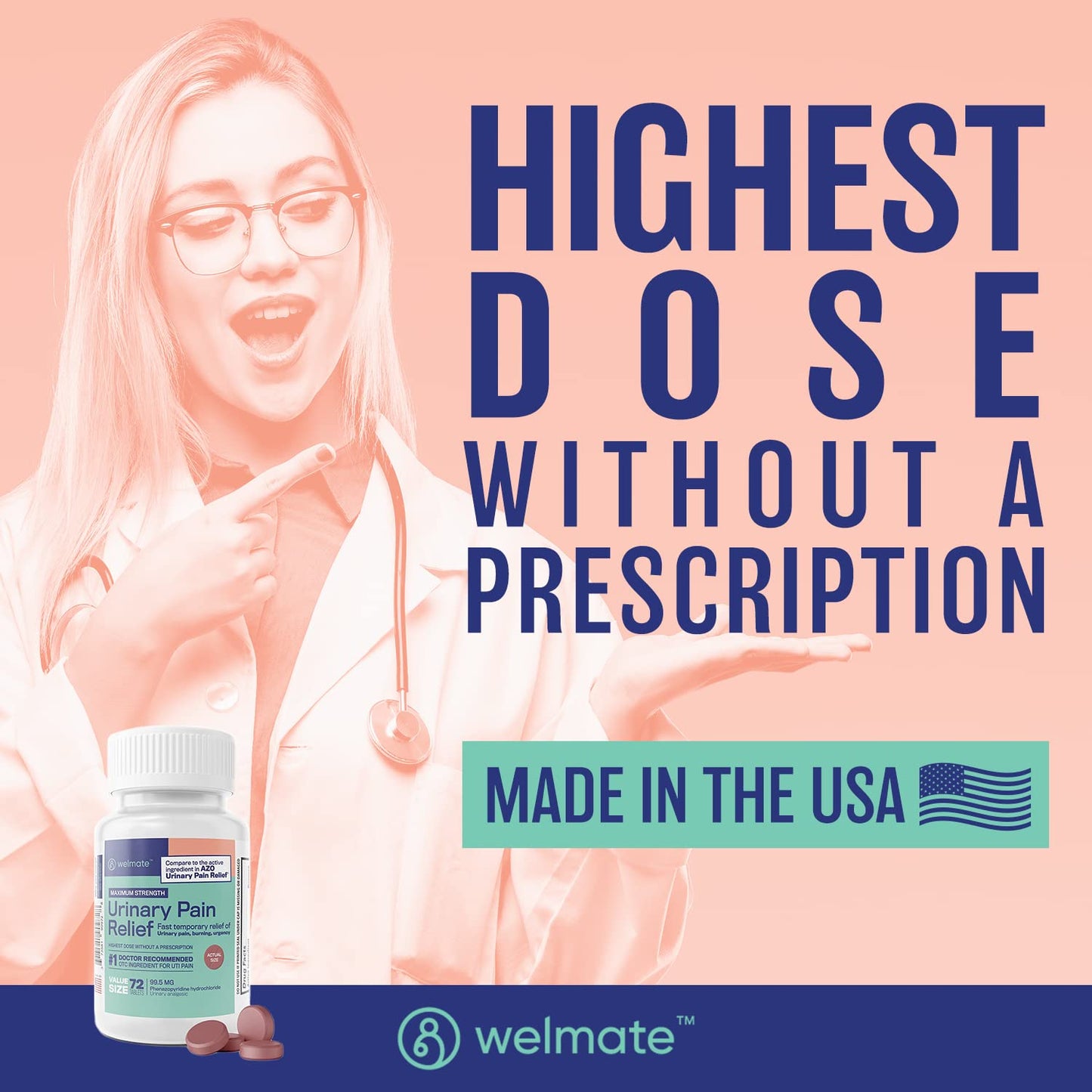 WELMATE Urinary Pain UTI Relief Maximum Strength (Phenazopyridine HCL) - Improve Urinary Tract Health & Bladder Control, Urgency, & Discomfort | Over-The-Counter Medication for Men & Women (72 Pills) - dailyvitalstore