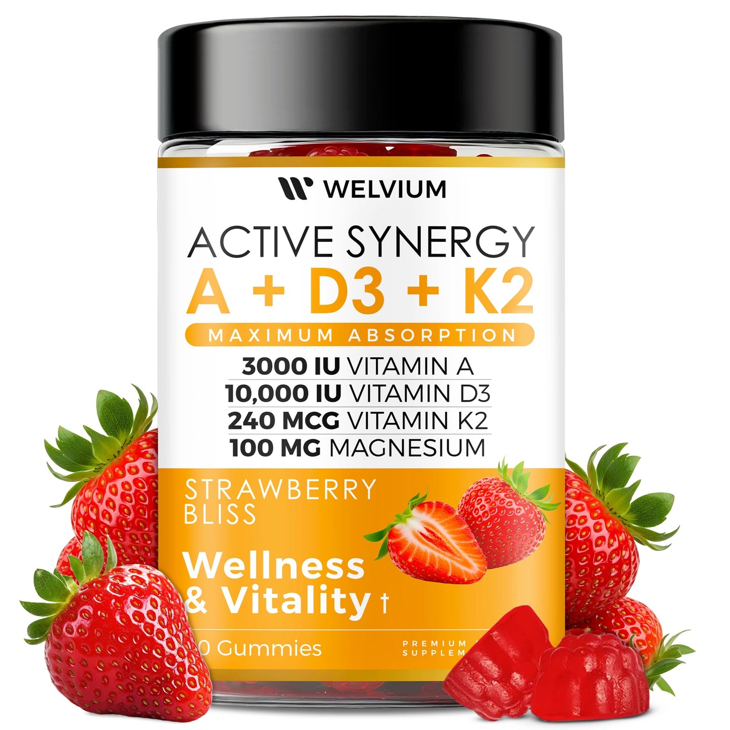 WELVIUM Vitamin D3 K2 Gummies 10000 IU with Magnesium Glycinate, Calcium, B12, K2 MK-7, Vitamins A, E, Lutein, Zeaxanthin - ADK Chewable Supplement for Bone, Eye, Immune Support - D3K2 Gummies - dailyvitalstore