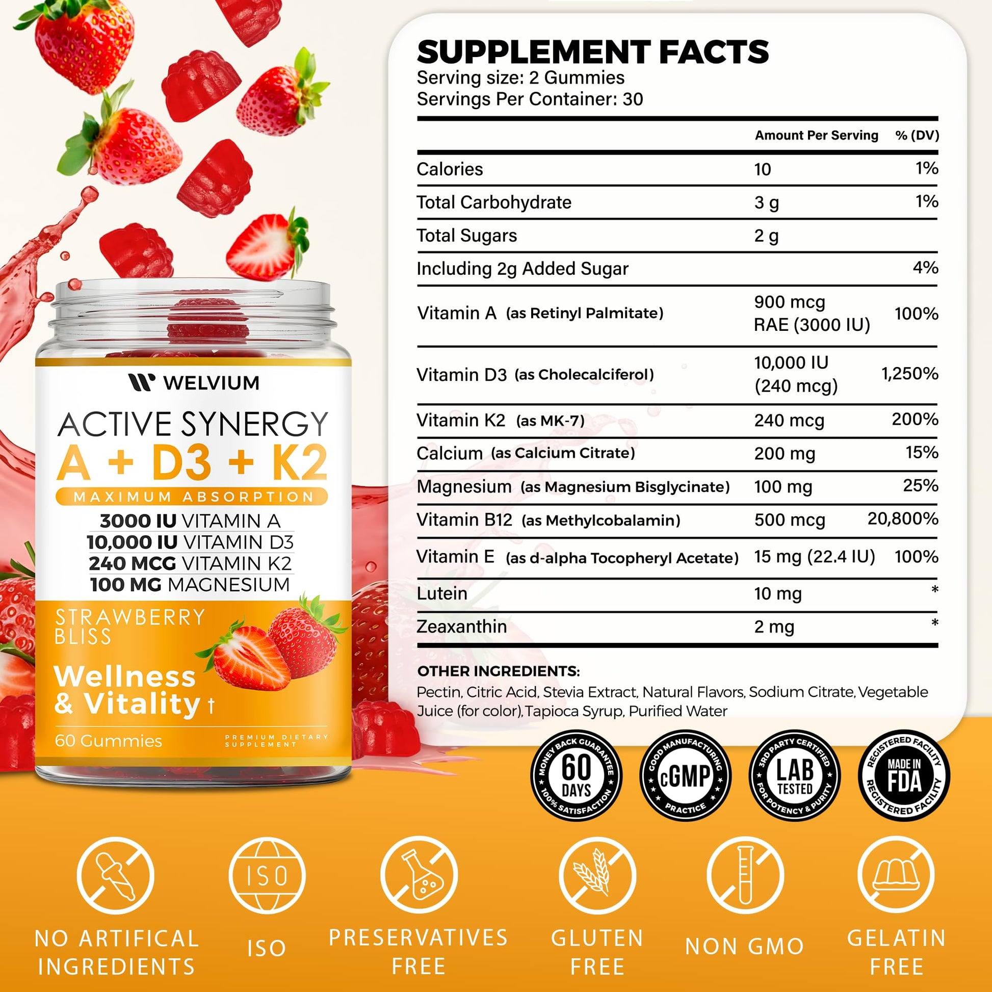 WELVIUM Vitamin D3 K2 Gummies 10000 IU with Magnesium Glycinate, Calcium, B12, K2 MK-7, Vitamins A, E, Lutein, Zeaxanthin - ADK Chewable Supplement for Bone, Eye, Immune Support - D3K2 Gummies - dailyvitalstore