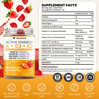 WELVIUM Vitamin D3 K2 Gummies 10000 IU with Magnesium Glycinate, Calcium, B12, K2 MK-7, Vitamins A, E, Lutein, Zeaxanthin - ADK Chewable Supplement for Bone, Eye, Immune Support - D3K2 Gummies - dailyvitalstore