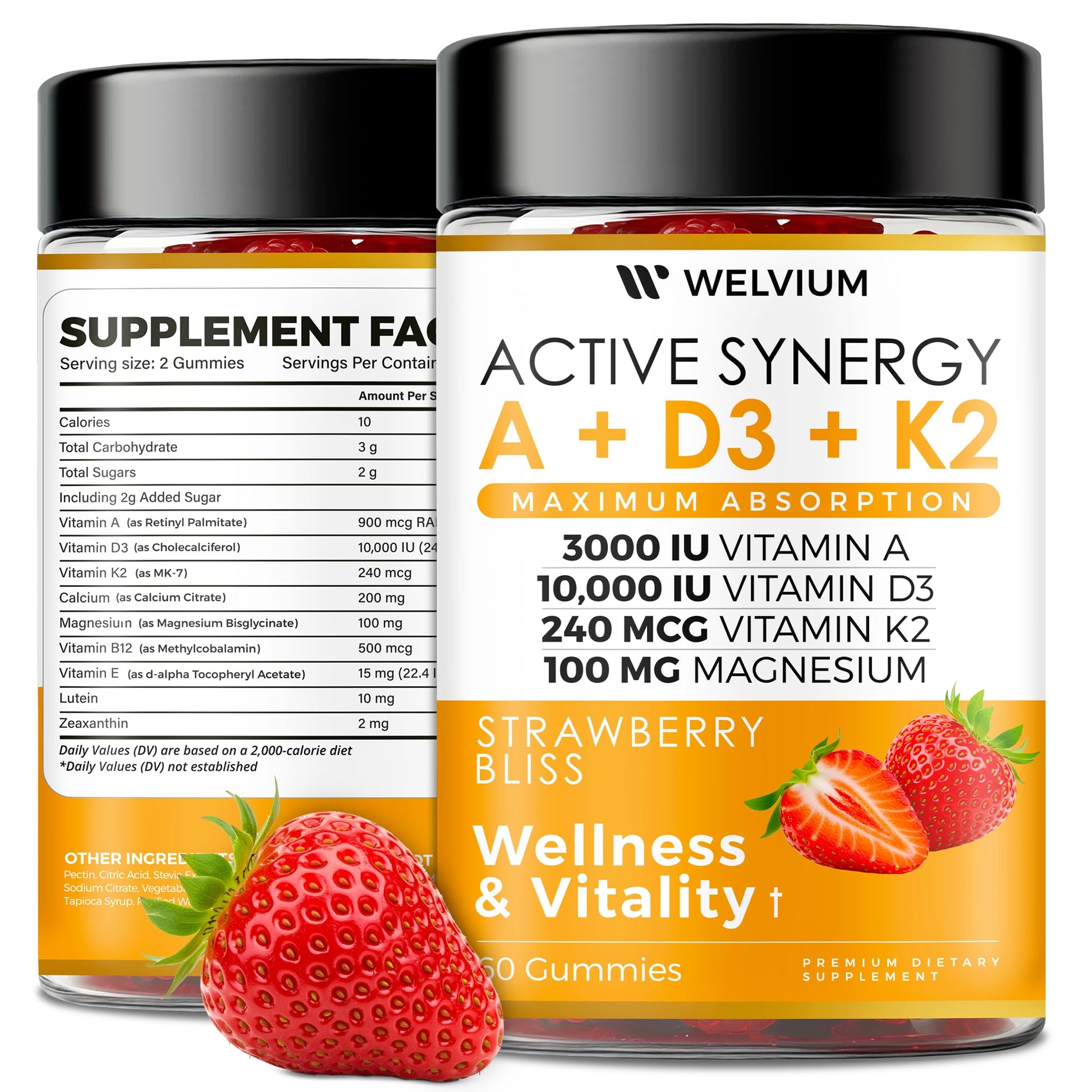 WELVIUM Vitamin D3 K2 Gummies 10000 IU with Magnesium Glycinate, Calcium, B12, K2 MK-7, Vitamins A, E, Lutein, Zeaxanthin - ADK Chewable Supplement for Bone, Eye, Immune Support - D3K2 Gummies - dailyvitalstore