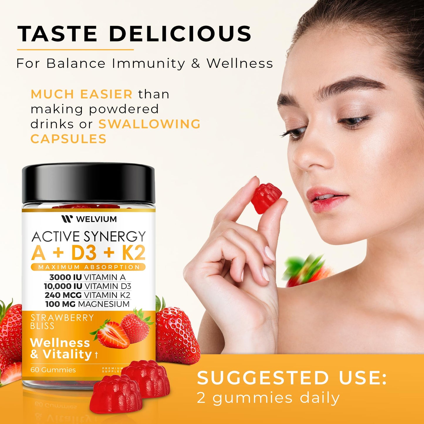 WELVIUM Vitamin D3 K2 Gummies 10000 IU with Magnesium Glycinate, Calcium, B12, K2 MK-7, Vitamins A, E, Lutein, Zeaxanthin - ADK Chewable Supplement for Bone, Eye, Immune Support - D3K2 Gummies - dailyvitalstore