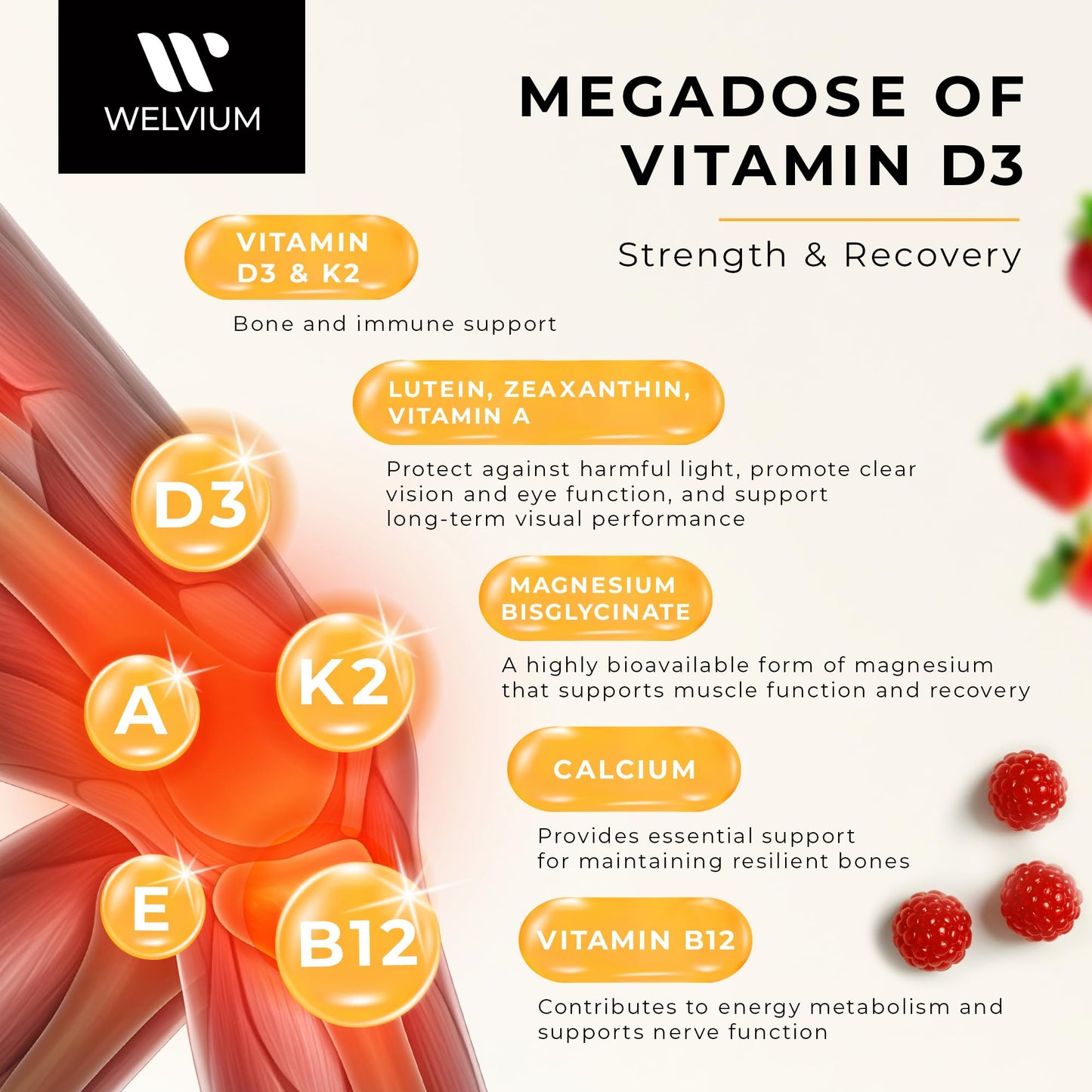 WELVIUM Vitamin D3 K2 Gummies 10000 IU with Magnesium Glycinate, Calcium, B12, K2 MK-7, Vitamins A, E, Lutein, Zeaxanthin - ADK Chewable Supplement for Bone, Eye, Immune Support - D3K2 Gummies - dailyvitalstore