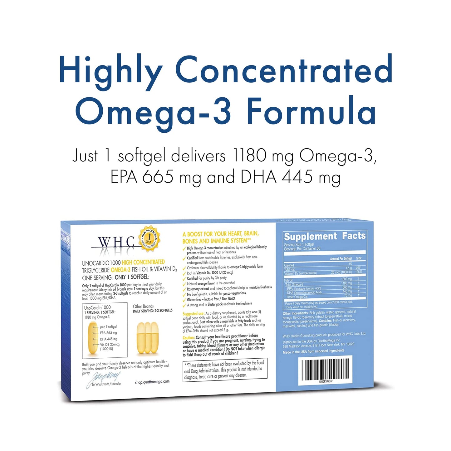 WHC, UnoCardio 1000 Fish Oil, 1300 mg of Pure Triglyceride Fish Oil with Omega-3 (1180 mg), 665 mg EPA and 445 mg DHA and 25 mcg (1000 IU) Vitamin D3 per softgel, Natural Orange, 60 softgels - dailyvitalstore