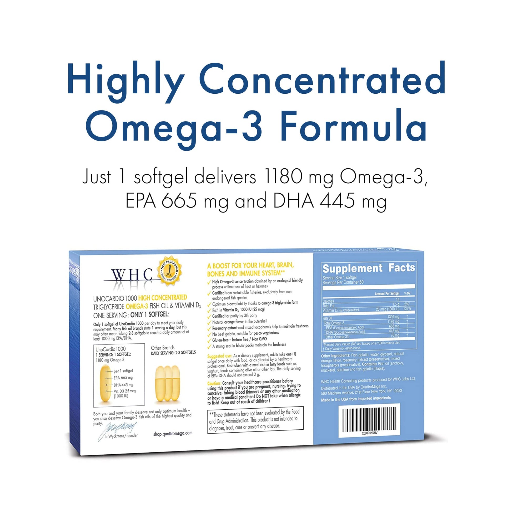 WHC, UnoCardio 1000 Fish Oil, 1300 mg of Pure Triglyceride Fish Oil with Omega-3 (1180 mg), 665 mg EPA and 445 mg DHA and 25 mcg (1000 IU) Vitamin D3 per softgel, Natural Orange, 60 softgels - dailyvitalstore