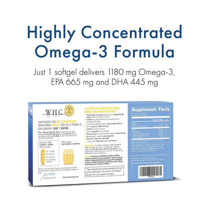 WHC, UnoCardio 1000 Fish Oil, 1300 mg of Pure Triglyceride Fish Oil with Omega-3 (1180 mg), 665 mg EPA and 445 mg DHA and 25 mcg (1000 IU) Vitamin D3 per softgel, Natural Orange, 60 softgels - dailyvitalstore