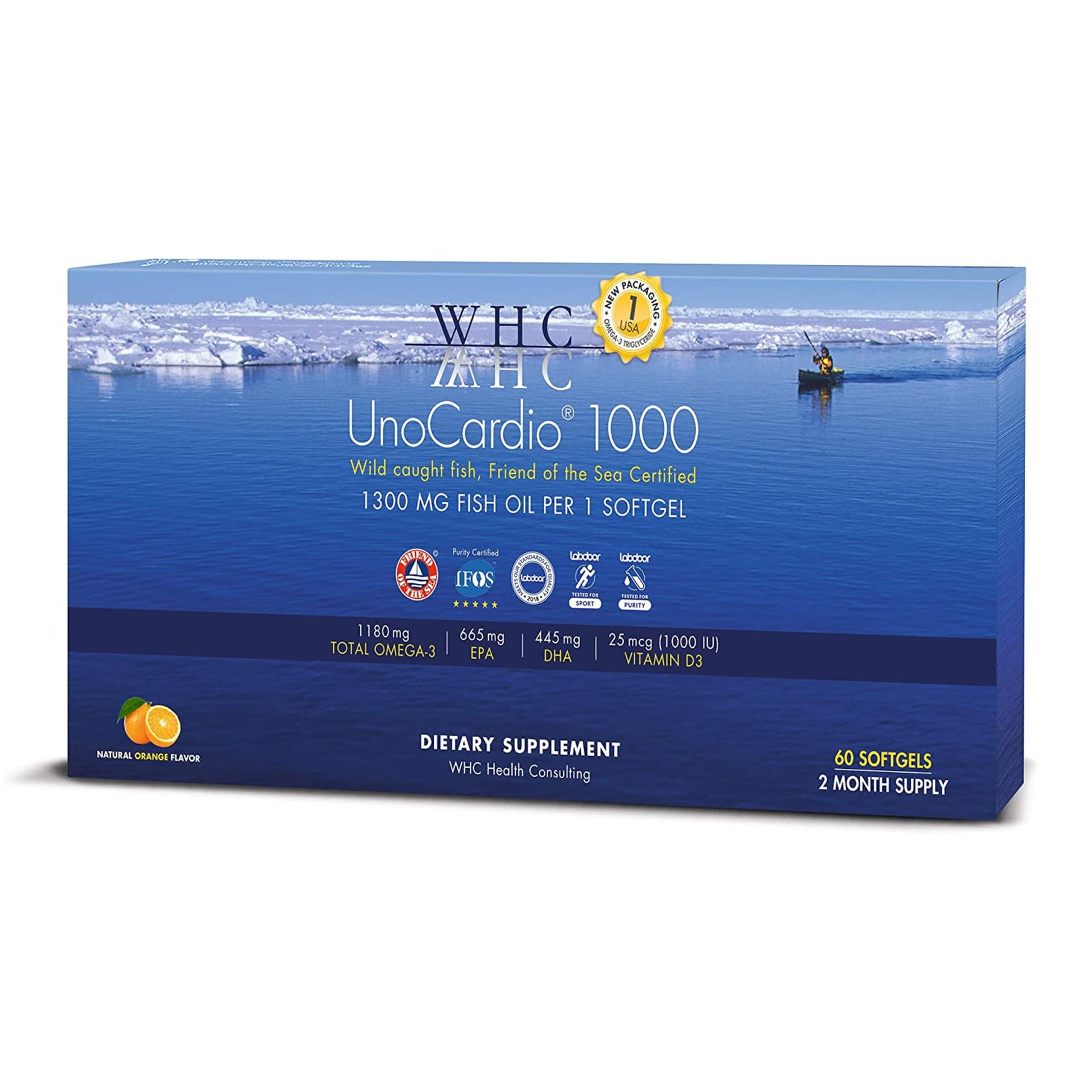 WHC, UnoCardio 1000 Fish Oil, 1300 mg of Pure Triglyceride Fish Oil with Omega-3 (1180 mg), 665 mg EPA and 445 mg DHA and 25 mcg (1000 IU) Vitamin D3 per softgel, Natural Orange, 60 softgels - dailyvitalstore