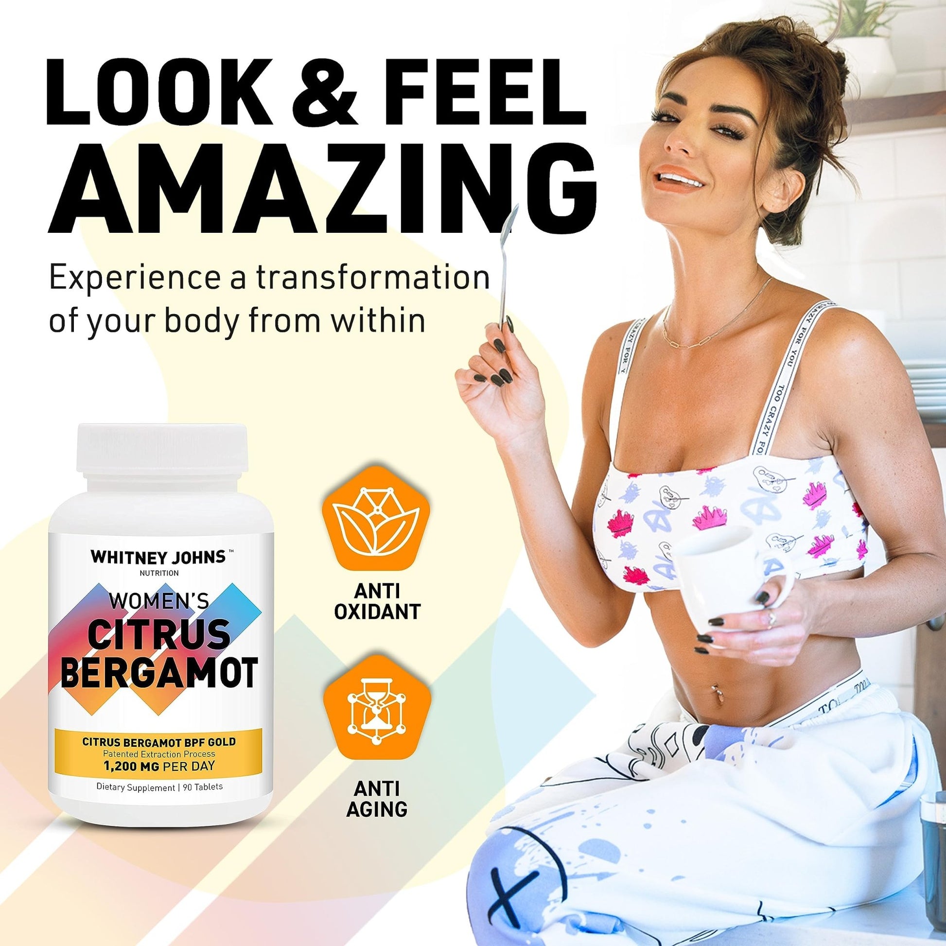 Whitney Johns Citrus Bergamot for Women, Clinically Tested Bergamot Supplement Specifically Formulated for Womens Health and Wellness, Antioxidant, 1200mg, 90 Tablets - dailyvitalstore