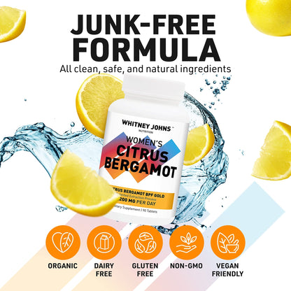 Whitney Johns Citrus Bergamot for Women, Clinically Tested Bergamot Supplement Specifically Formulated for Womens Health and Wellness, Antioxidant, 1200mg, 90 Tablets - dailyvitalstore