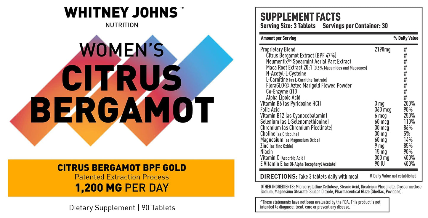Whitney Johns Citrus Bergamot for Women, Clinically Tested Bergamot Supplement Specifically Formulated for Womens Health and Wellness, Antioxidant, 1200mg, 90 Tablets - dailyvitalstore