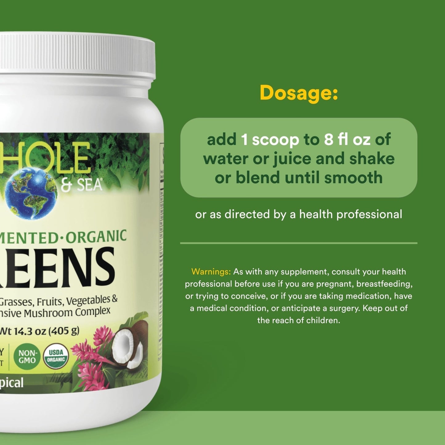 Whole Earth & Sea from Natural Factors, Organic Fermented Greens, Vegan Whole Food Supplement, Tropical, 14.3 Oz - dailyvitalstore