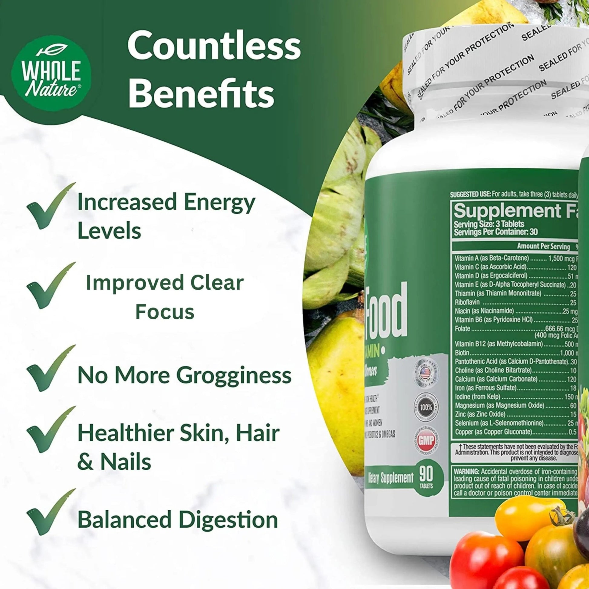 Whole Nature Whole Food Multivitamin for Men and Women Complete Daily Superfood Vitamins Plus Minerals Digestive Enzymes - dailyvitalstore