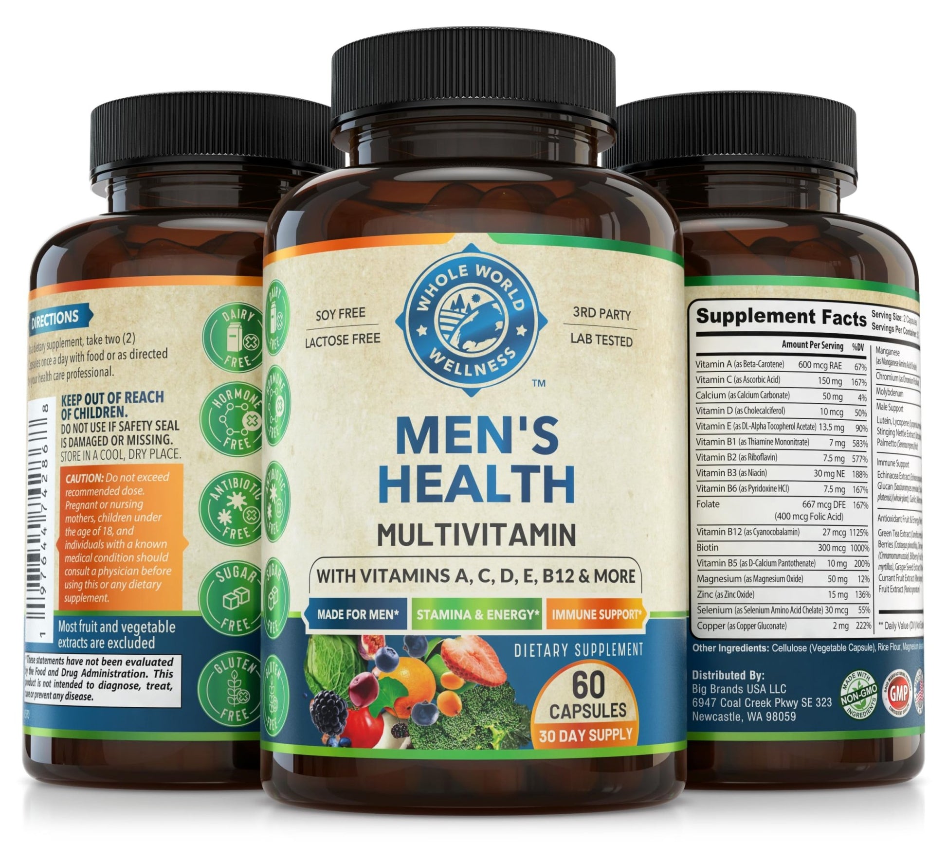 Whole World Wellness Mens Daily Multivitamin Multimineral Supplement for Energy, Focus, Stamina & Performance. Made for Men with 30+ Nutrients, Fruit & Energy Blend. Mens Vitamins, Made in The USA. - dailyvitalstore