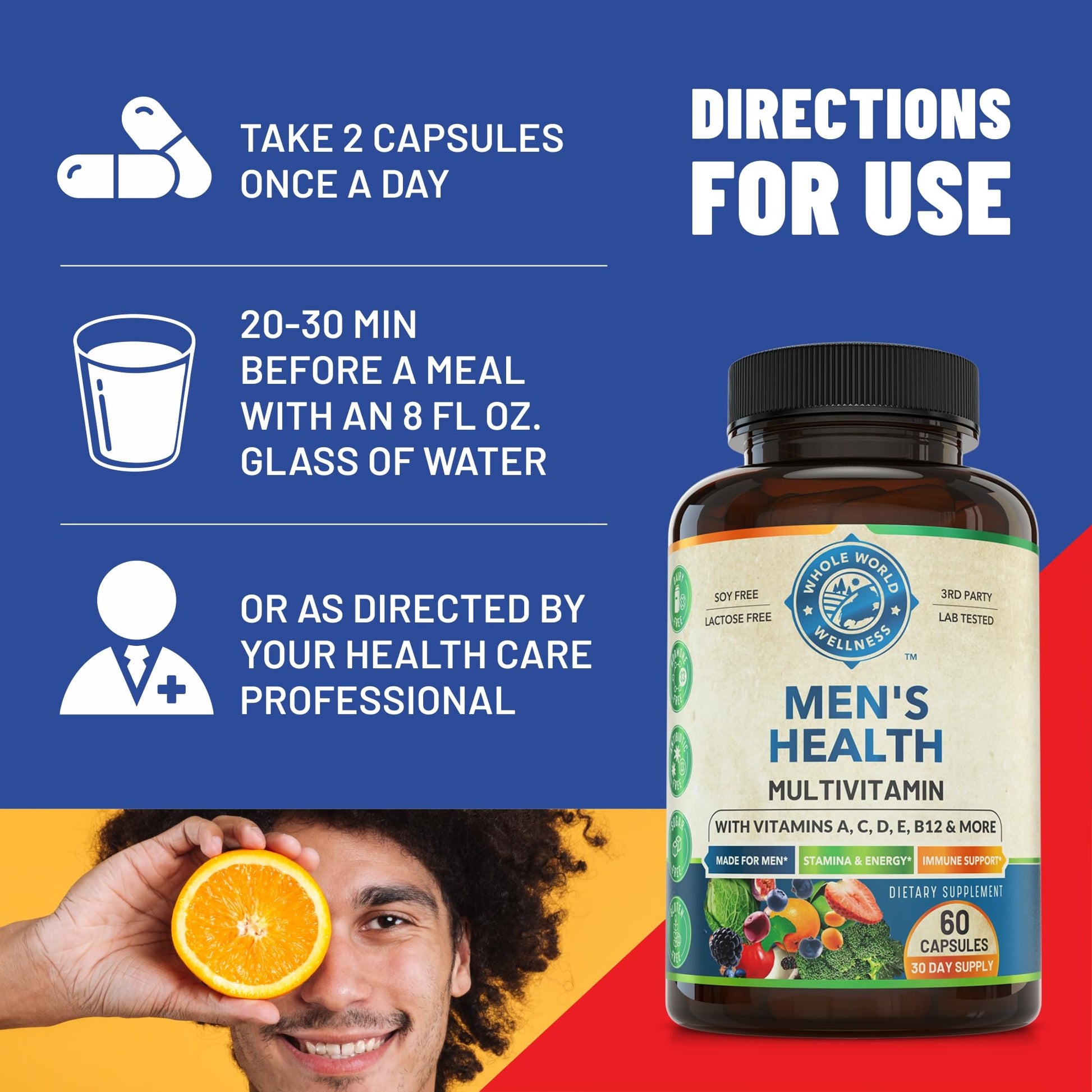 Whole World Wellness Mens Daily Multivitamin Multimineral Supplement for Energy, Focus, Stamina & Performance. Made for Men with 30+ Nutrients, Fruit & Energy Blend. Mens Vitamins, Made in The USA. - dailyvitalstore