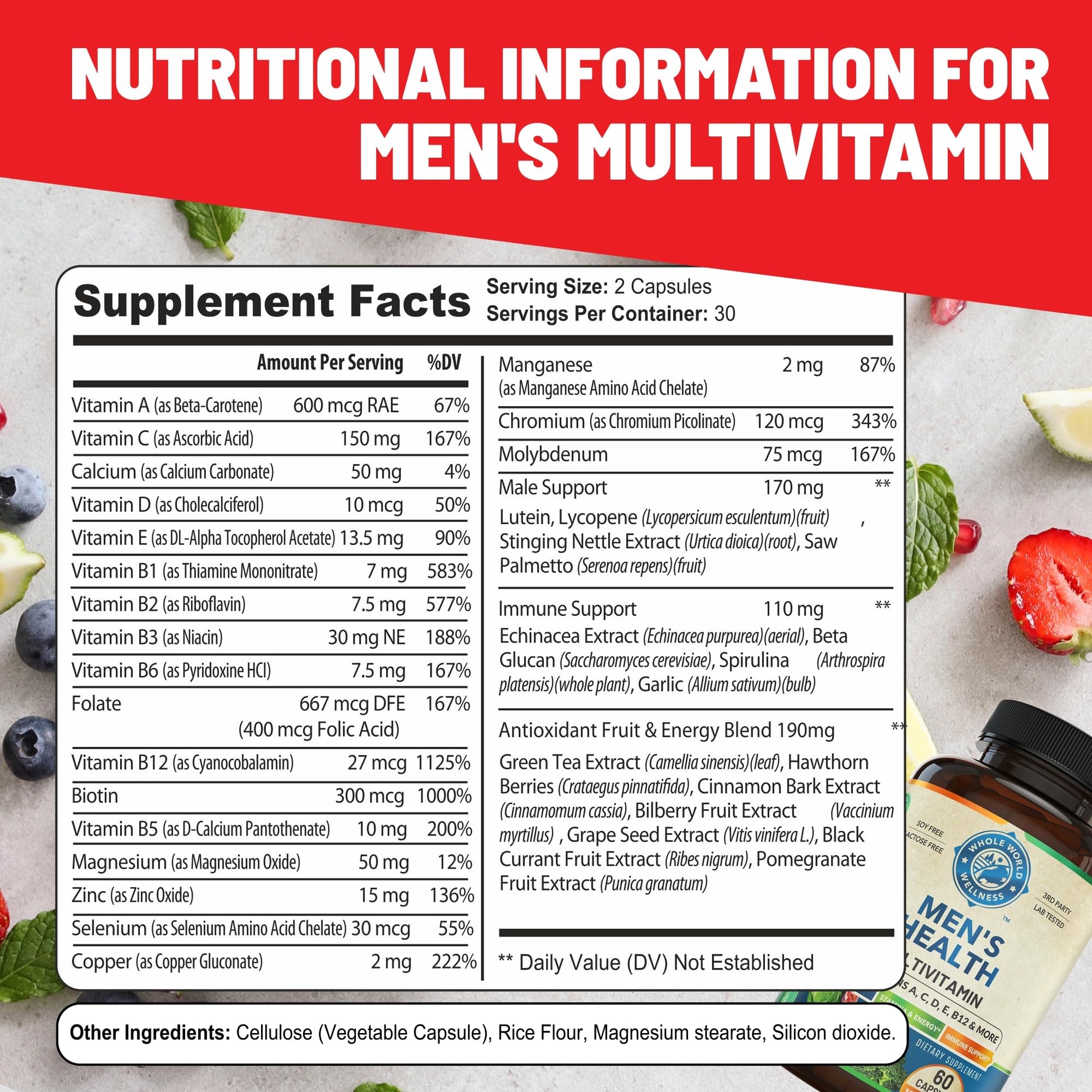 Whole World Wellness Mens Daily Multivitamin Multimineral Supplement for Energy, Focus, Stamina & Performance. Made for Men with 30+ Nutrients, Fruit & Energy Blend. Mens Vitamins, Made in The USA. - dailyvitalstore