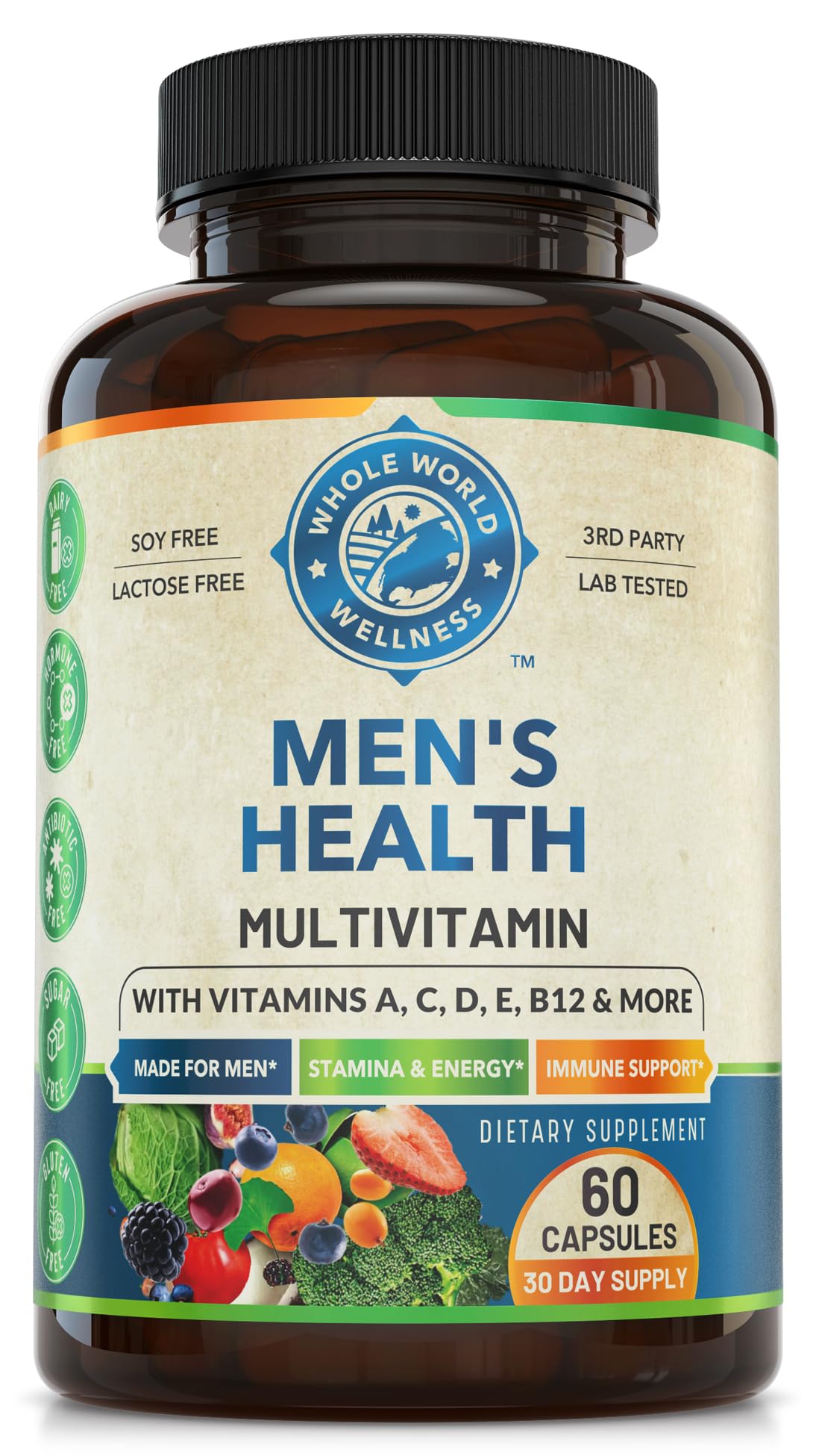 Whole World Wellness Mens Daily Multivitamin Multimineral Supplement for Energy, Focus, Stamina & Performance. Made for Men with 30+ Nutrients, Fruit & Energy Blend. Mens Vitamins, Made in The USA. - dailyvitalstore