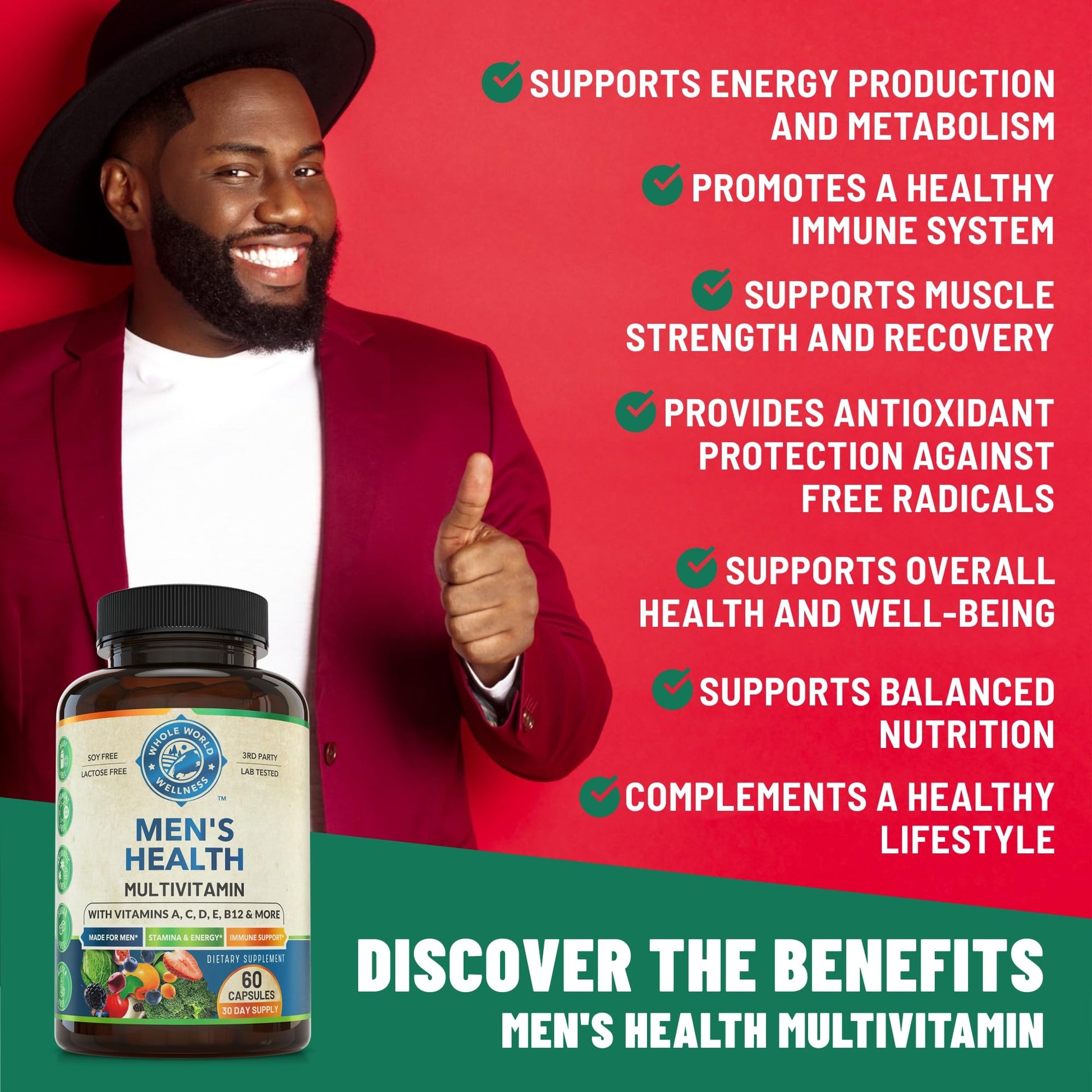 Whole World Wellness Mens Daily Multivitamin Multimineral Supplement for Energy, Focus, Stamina & Performance. Made for Men with 30+ Nutrients, Fruit & Energy Blend. Mens Vitamins, Made in The USA. - dailyvitalstore