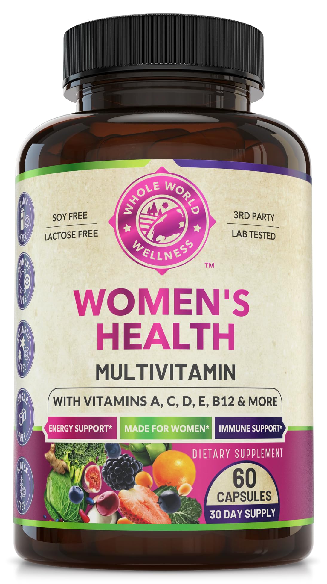 WHOLE WORLD WELLNESS Womens Daily Multivitamin Multimineral Supplement for Energy, Mood, Focus, Hair, Skin & Nails. Made for Women with 30+ Nutrients, Fruit & Energy Blend. Womens Vitamins, USA Made. - dailyvitalstore