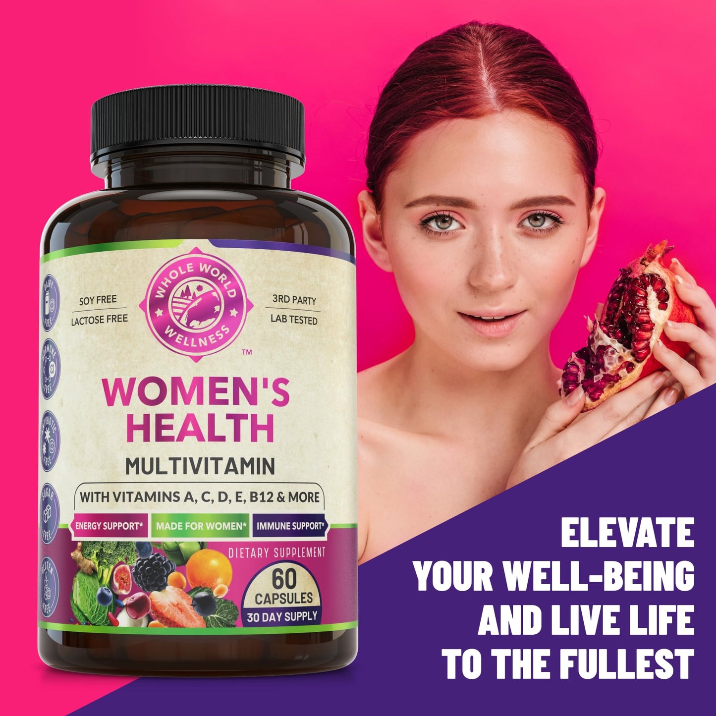 WHOLE WORLD WELLNESS Womens Daily Multivitamin Multimineral Supplement for Energy, Mood, Focus, Hair, Skin & Nails. Made for Women with 30+ Nutrients, Fruit & Energy Blend. Womens Vitamins, USA Made. - dailyvitalstore