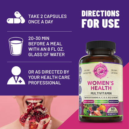 WHOLE WORLD WELLNESS Womens Daily Multivitamin Multimineral Supplement for Energy, Mood, Focus, Hair, Skin & Nails. Made for Women with 30+ Nutrients, Fruit & Energy Blend. Womens Vitamins, USA Made. - dailyvitalstore