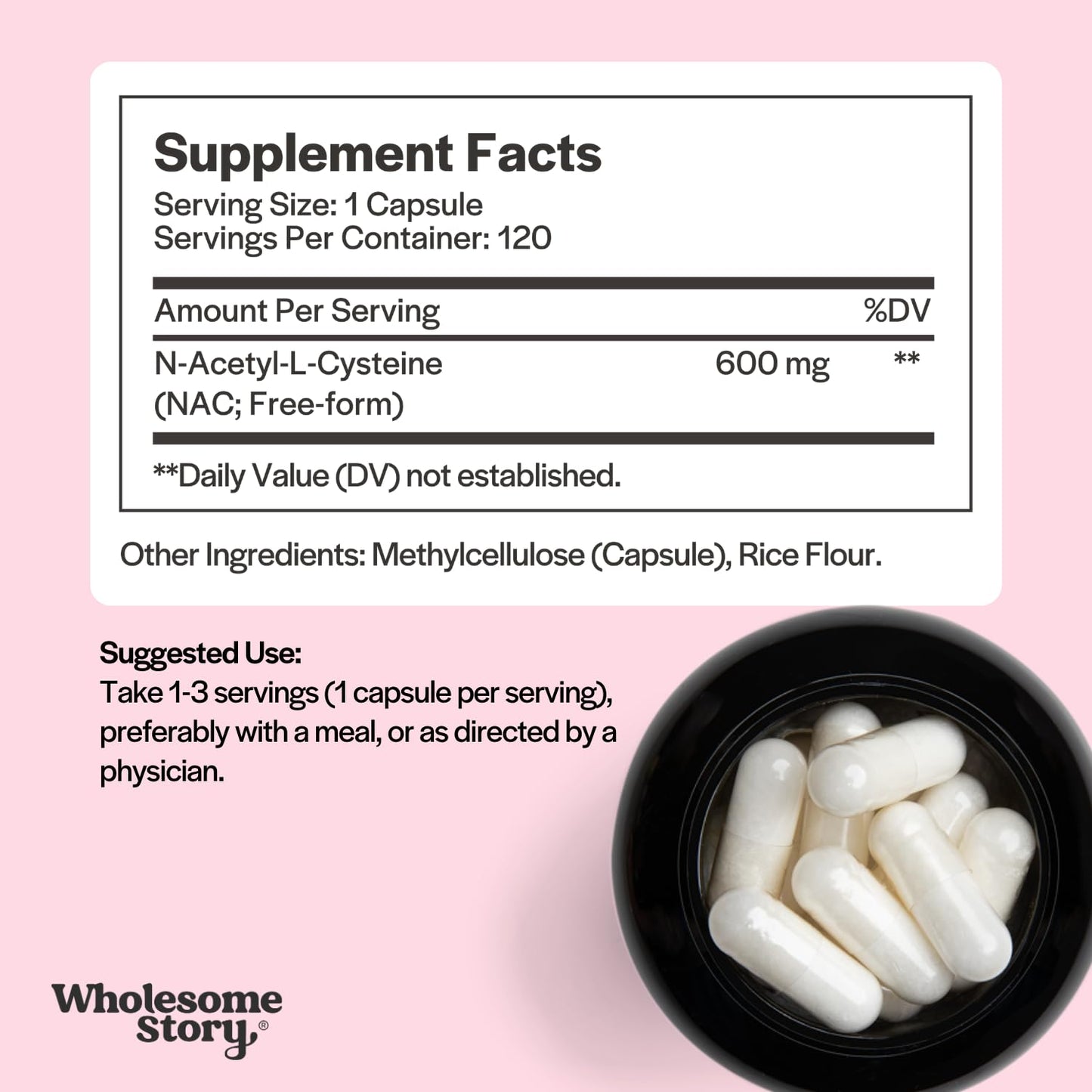 Wholesome Story NAC Supplement N Acetyl Cysteine 600 mg | Liver, Lung & Fertility Support | 120 Capsules | 120 Serving Supply - dailyvitalstore