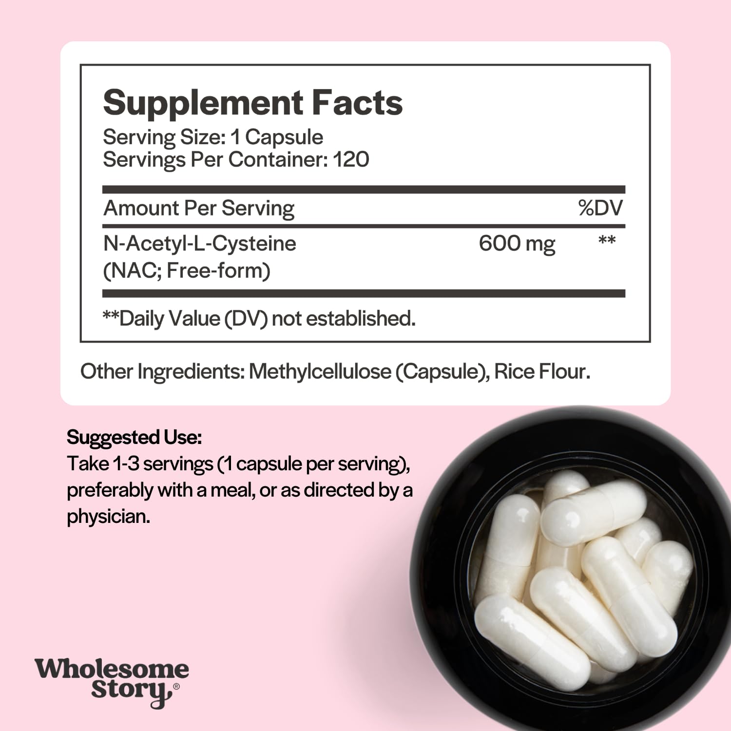 Wholesome Story NAC Supplement N Acetyl Cysteine 600 mg | Liver, Lung & Fertility Support | 120 Capsules | 120 Serving Supply - dailyvitalstore