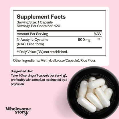 Wholesome Story NAC Supplement N Acetyl Cysteine 600 mg | Liver, Lung & Fertility Support | 120 Capsules | 120 Serving Supply - dailyvitalstore