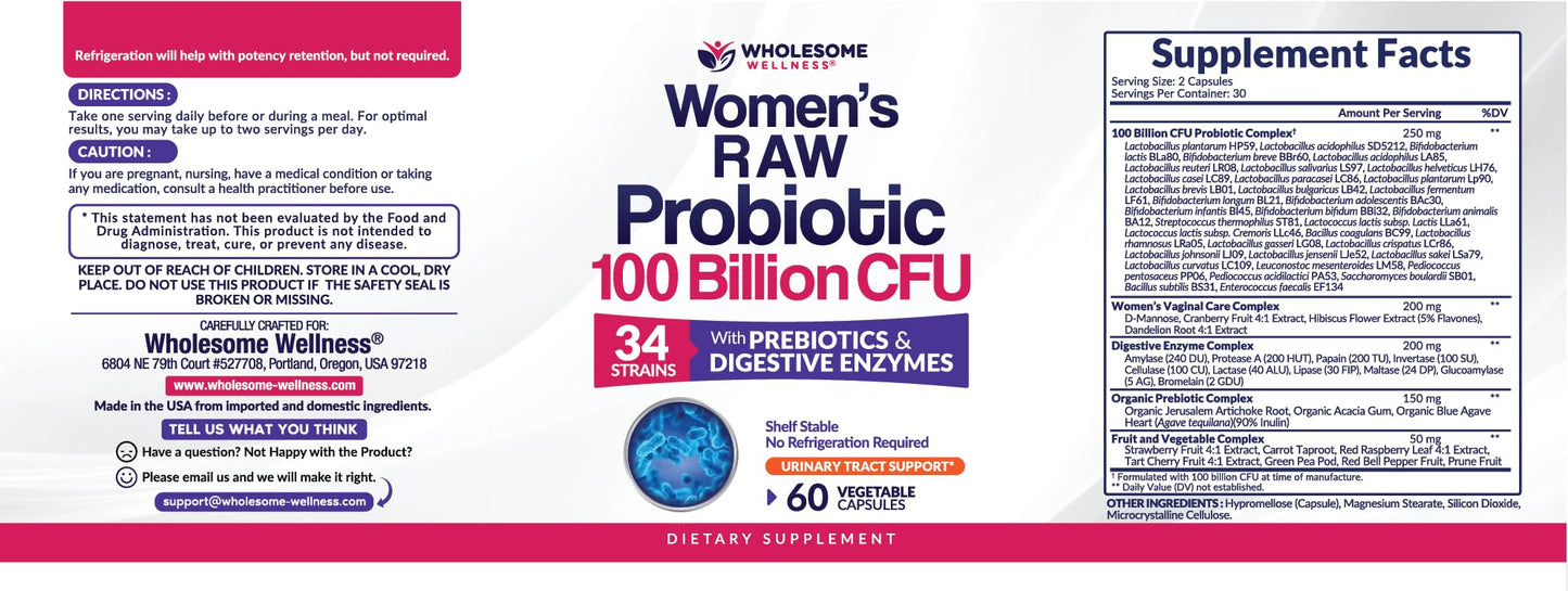 Wholesome Wellness Dr. Formulated Raw Probiotics for Women 100 Billion CFUs Capsules with Prebiotics, Digestive Enzymes, Approved for Adults, Shelf Stable Supplement - dailyvitalstore