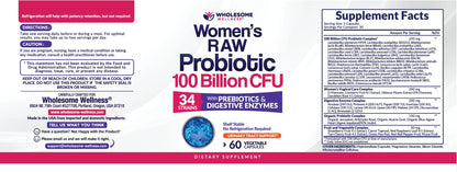 Wholesome Wellness Dr. Formulated Raw Probiotics for Women 100 Billion CFUs Capsules with Prebiotics, Digestive Enzymes, Approved for Adults, Shelf Stable Supplement - dailyvitalstore