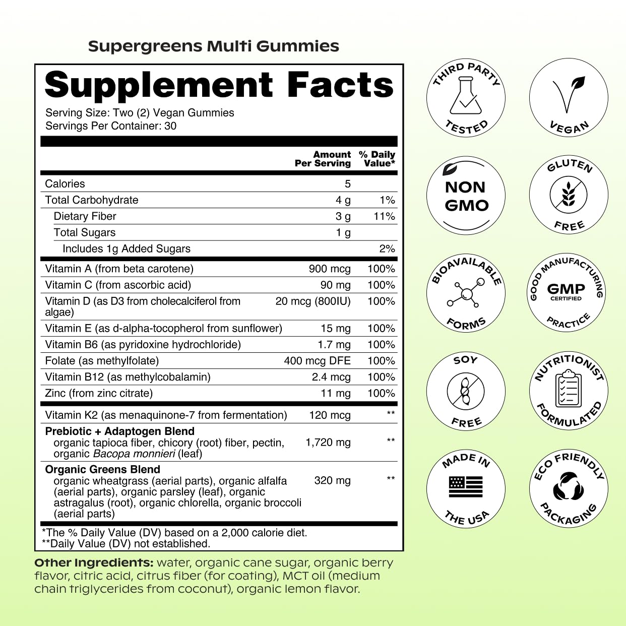 wholier Daily Supergreens Gummies, Greens Supplement with Prebiotics, Fiber, Adaptogens, Vegan Multivitamin, 9 Essential Vitamins + Minerals, 1g Sugar, 2 Gummy Serving (60 Gummies, 30 Day Supply) - dailyvitalstore