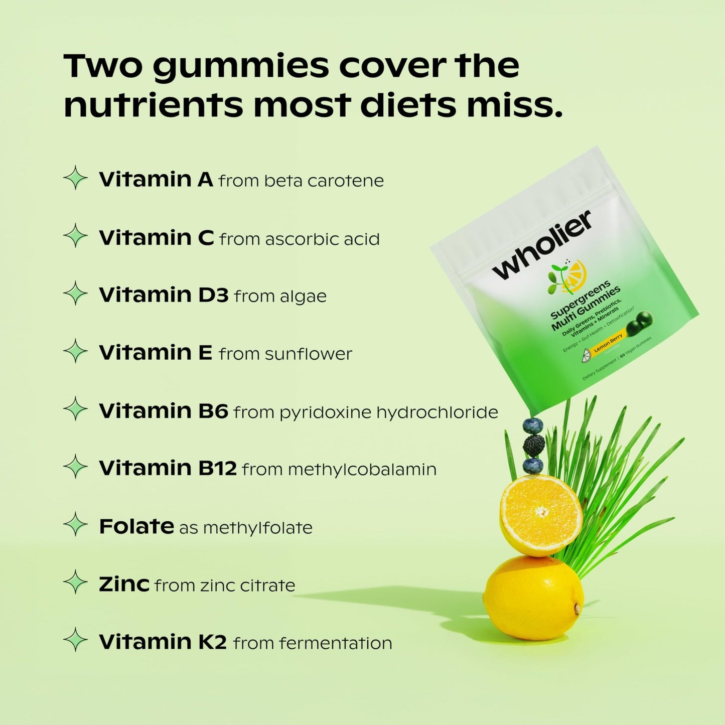 wholier Daily Supergreens Gummies, Greens Supplement with Prebiotics, Fiber, Adaptogens, Vegan Multivitamin, 9 Essential Vitamins + Minerals, 1g Sugar, 2 Gummy Serving (60 Gummies, 30 Day Supply) - dailyvitalstore