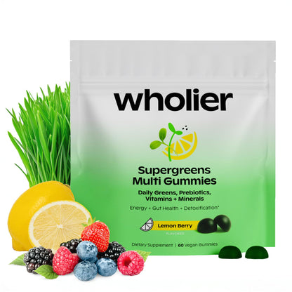 wholier Daily Supergreens Gummies, Greens Supplement with Prebiotics, Fiber, Adaptogens, Vegan Multivitamin, 9 Essential Vitamins + Minerals, 1g Sugar, 2 Gummy Serving (60 Gummies, 30 Day Supply) - dailyvitalstore