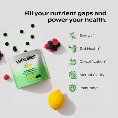 wholier Daily Supergreens Gummies, Greens Supplement with Prebiotics, Fiber, Adaptogens, Vegan Multivitamin, 9 Essential Vitamins + Minerals, 1g Sugar, 2 Gummy Serving (60 Gummies, 30 Day Supply) - dailyvitalstore