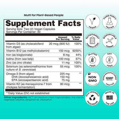 wholier Plant Based Multivitamin Vegan Omega-3 DHA EPA, Vitamin D, B12, Zinc, Vitamin K2, Iron, Iodine, Selenium - dailyvitalstore