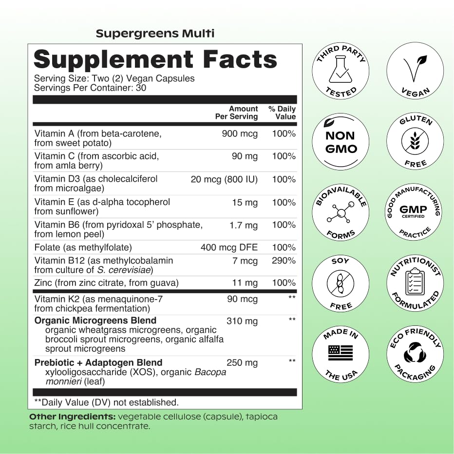 wholier Supergreens Multi, Daily Greens, Vegan Multivitamin for Women + Men, Whole Food Vitamins + Minerals, Prebiotics for Gut Health, Adaptogens (60 Vegan Capsules) Glass Bottle - dailyvitalstore
