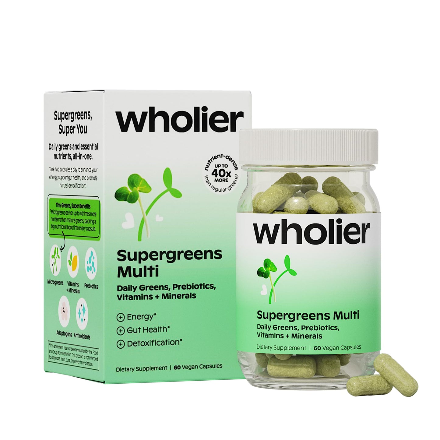 wholier Supergreens Multi, Daily Greens, Vegan Multivitamin for Women + Men, Whole Food Vitamins + Minerals, Prebiotics for Gut Health, Adaptogens (60 Vegan Capsules) Glass Bottle - dailyvitalstore