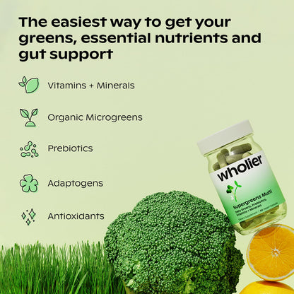 wholier Supergreens Multi, Daily Greens, Vegan Multivitamin for Women + Men, Whole Food Vitamins + Minerals, Prebiotics for Gut Health, Adaptogens (60 Vegan Capsules) Glass Bottle - dailyvitalstore
