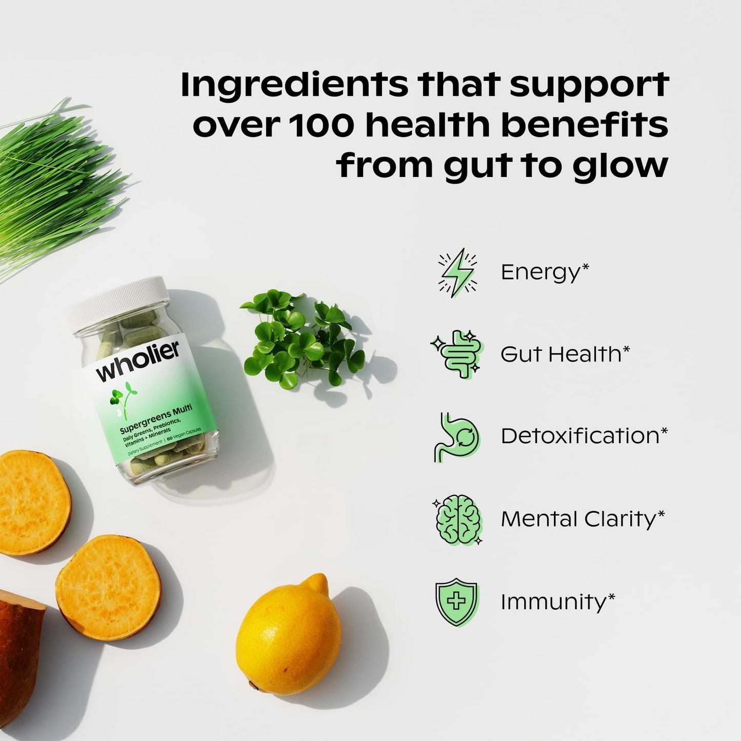 wholier Supergreens Multi, Daily Greens, Vegan Multivitamin for Women + Men, Whole Food Vitamins + Minerals, Prebiotics for Gut Health, Adaptogens (60 Vegan Capsules) Glass Bottle - dailyvitalstore