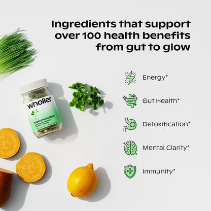 wholier Supergreens Multi, Daily Greens, Vegan Multivitamin for Women + Men, Whole Food Vitamins + Minerals, Prebiotics for Gut Health, Adaptogens (60 Vegan Capsules) Glass Bottle - dailyvitalstore