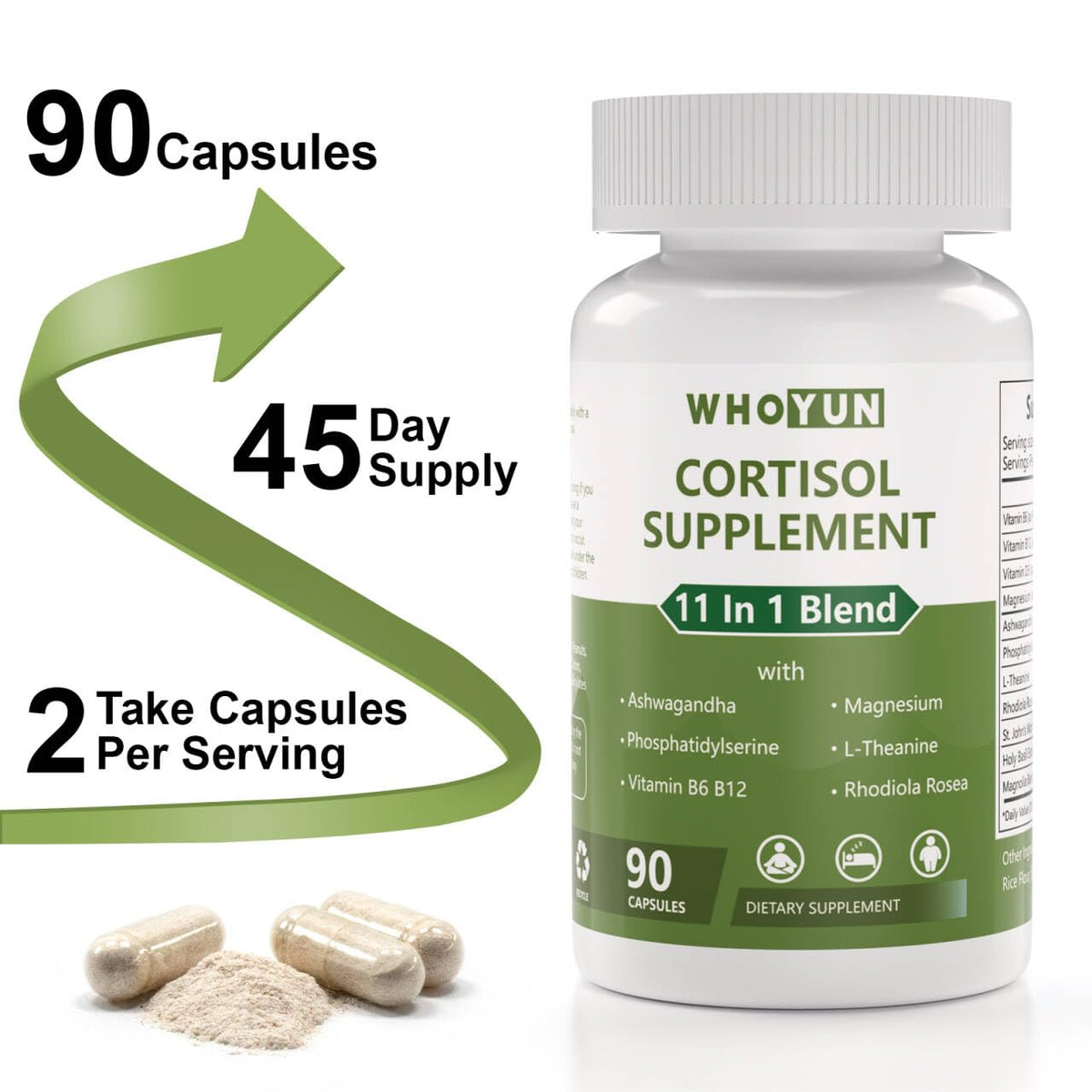 Whoyun Cortisol Supplement for Women, 11 in 1 Lower Cortisol Blend with Ashwagandha, Phosphatidylserine, Magnesium, L-Theanine, Vegan, 90 Capsules - dailyvitalstore