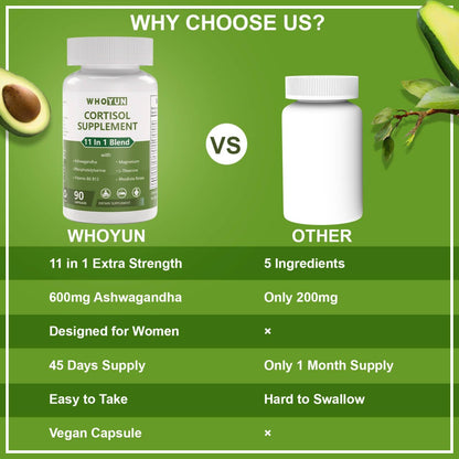 Whoyun Cortisol Supplement for Women, 11 in 1 Lower Cortisol Blend with Ashwagandha, Phosphatidylserine, Magnesium, L-Theanine, Vegan, 90 Capsules - dailyvitalstore