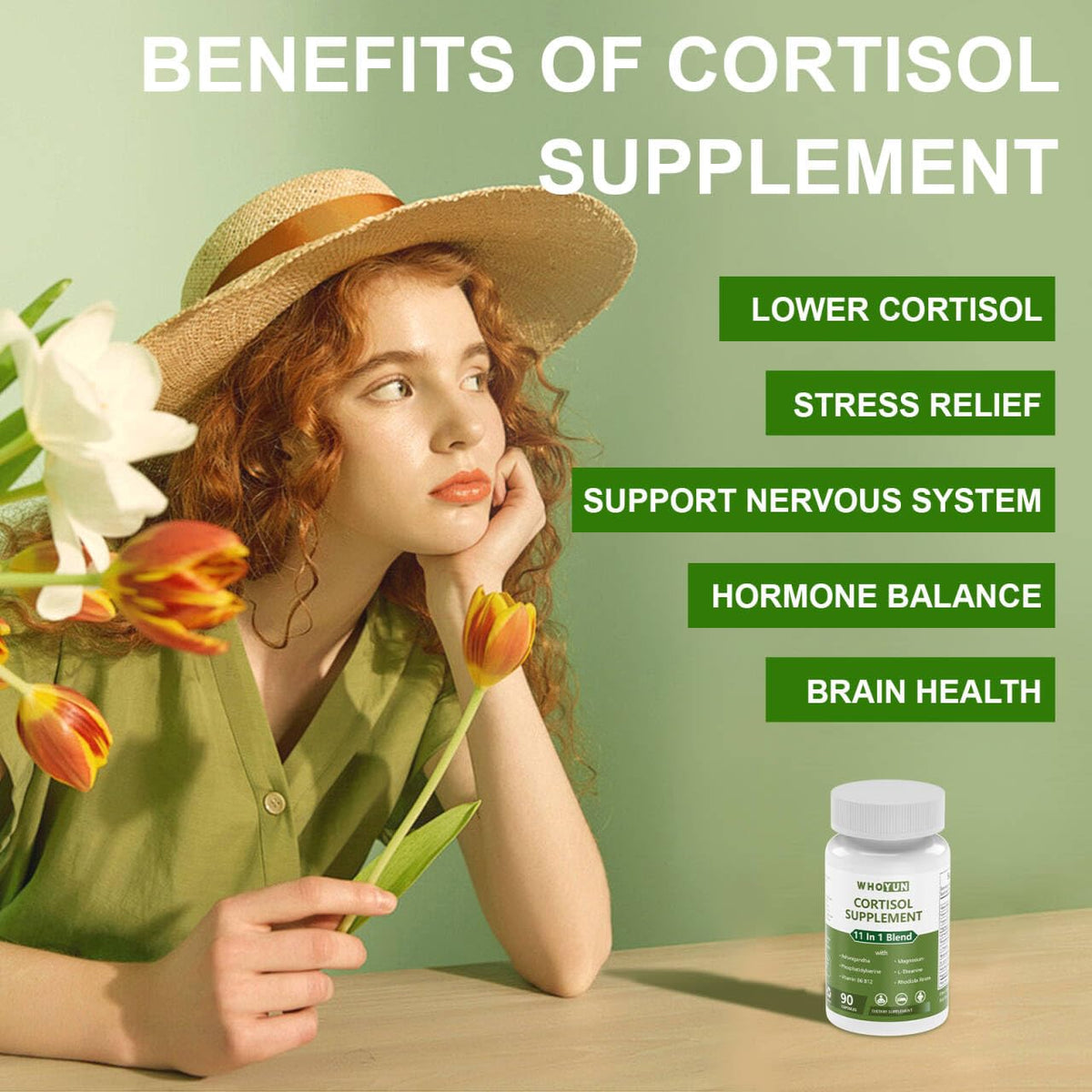 Whoyun Cortisol Supplement for Women, 11 in 1 Lower Cortisol Blend with Ashwagandha, Phosphatidylserine, Magnesium, L-Theanine, Vegan, 90 Capsules - dailyvitalstore