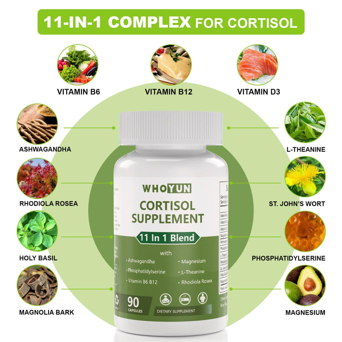 Whoyun Cortisol Supplement for Women, 11 in 1 Lower Cortisol Blend with Ashwagandha, Phosphatidylserine, Magnesium, L-Theanine, Vegan, 90 Capsules - dailyvitalstore